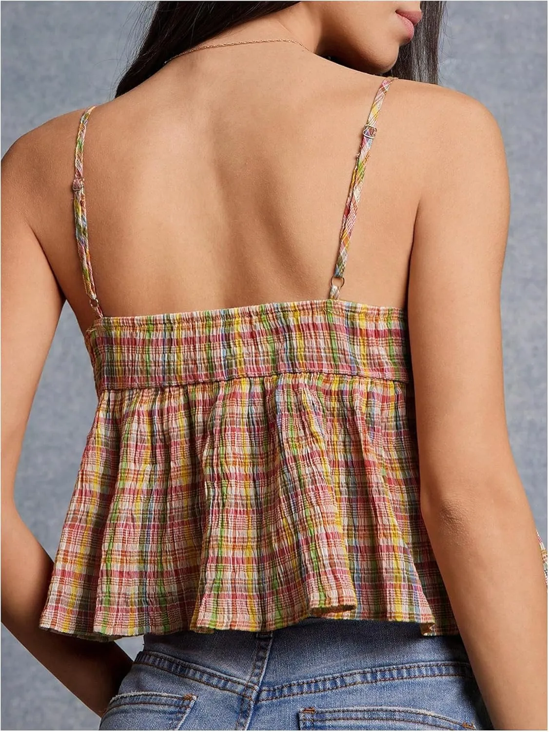 MakeMeChic Women's Plaid Spaghetti Strap Camisole Ruffle Hem Sleeveless Y2k Crop Tops