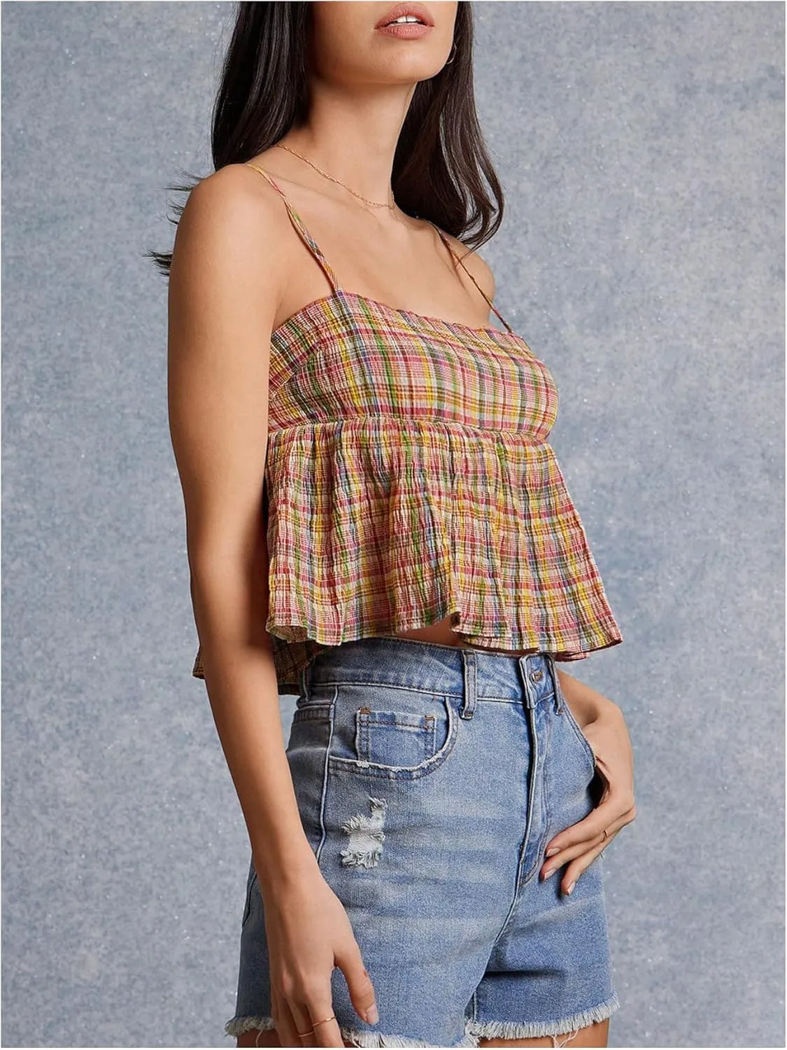 MakeMeChic Women's Plaid Spaghetti Strap Camisole Ruffle Hem Sleeveless Y2k Crop Tops