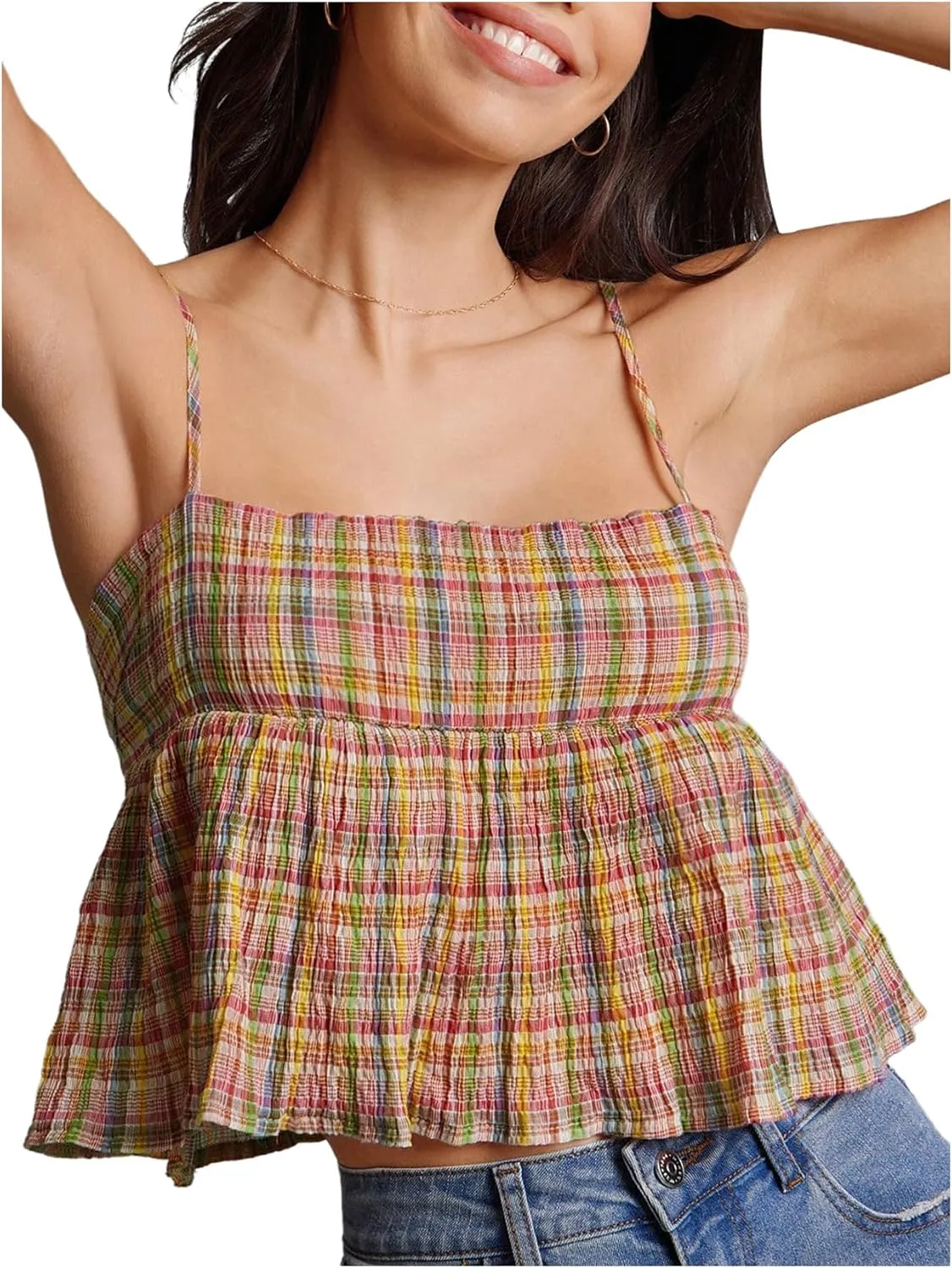 MakeMeChic Women's Plaid Spaghetti Strap Camisole Ruffle Hem Sleeveless Y2k Crop Tops