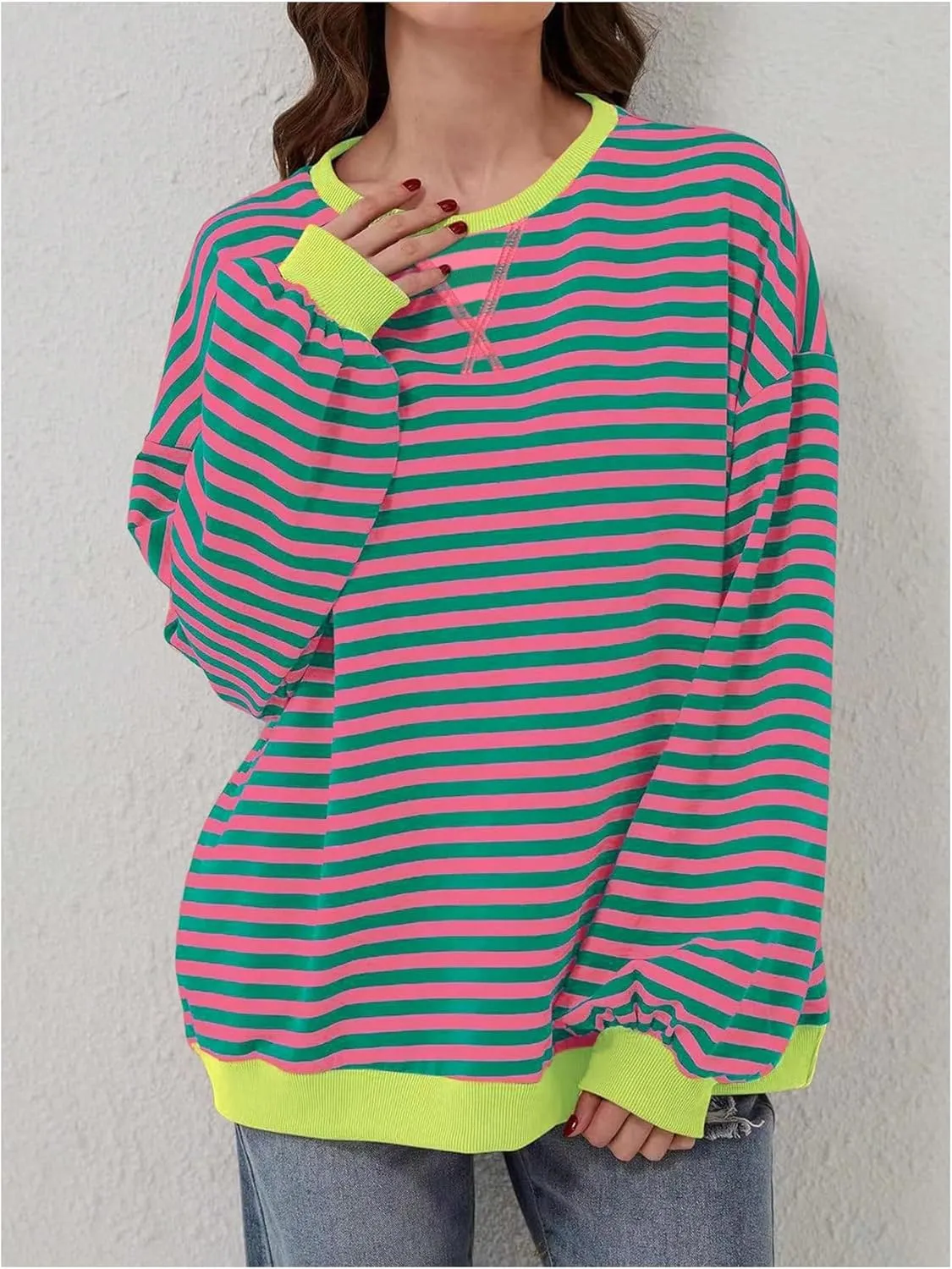 MakeMeChic Women's Stripes Oversized Sweatshirt Crew Neck Color Block Y2K Fall Pullover Tops