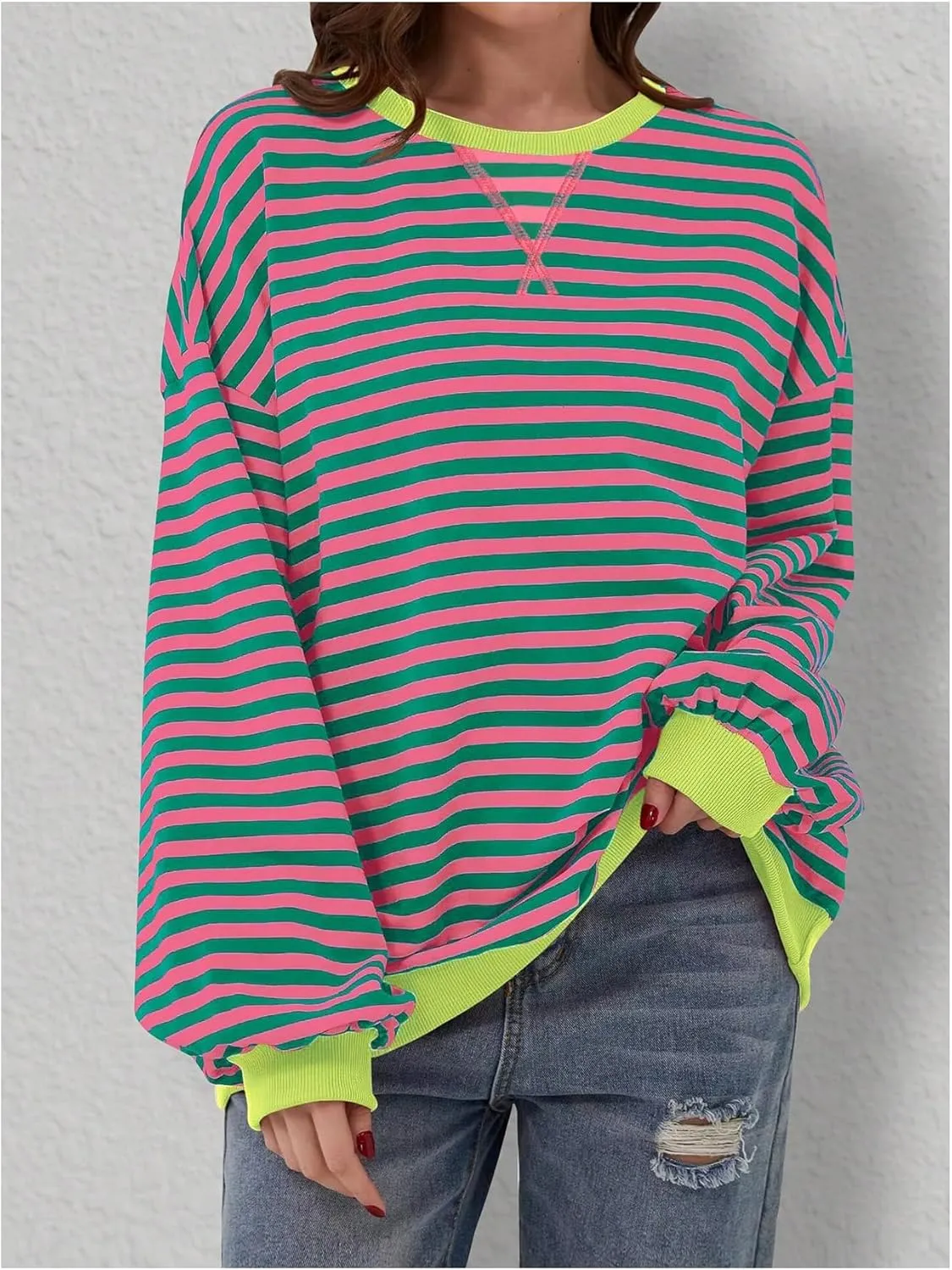 MakeMeChic Women's Stripes Oversized Sweatshirt Crew Neck Color Block Y2K Fall Pullover Tops