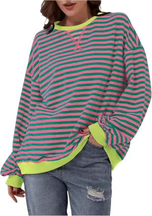 MakeMeChic Women's Stripes Oversized Sweatshirt Crew Neck Color Block Y2K Fall Pullover Tops