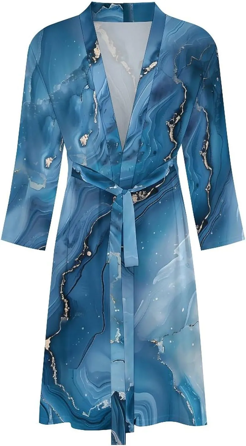 Marble Textured Design Blue Men's Bathrobes Long Sleeve Loungewear Soft Sleepwear V Neck Nightgown