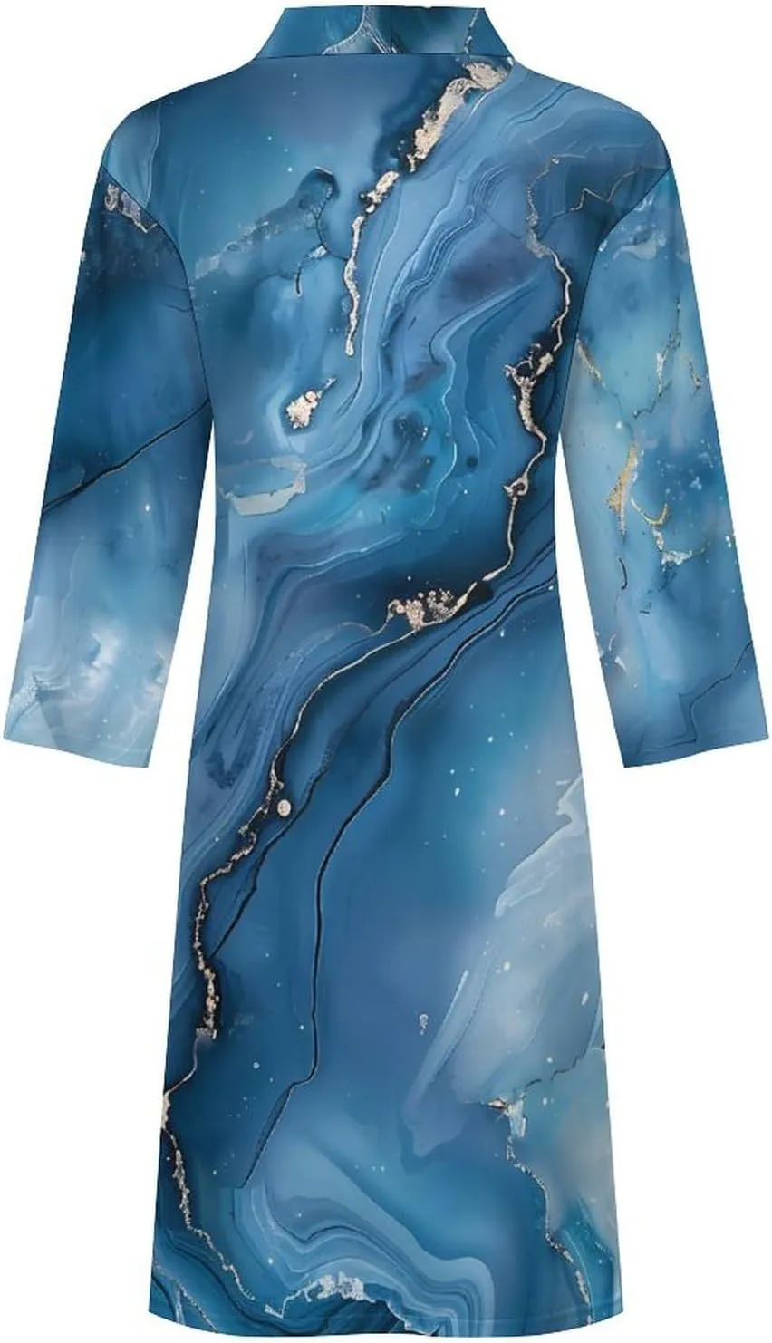 Marble Textured Design Blue Men's Bathrobes Long Sleeve Loungewear Soft Sleepwear V Neck Nightgown
