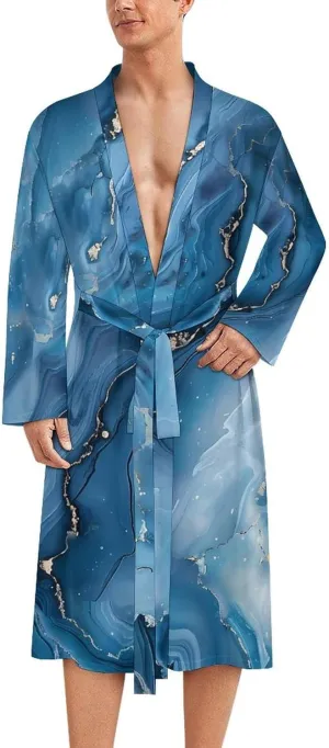 Marble Textured Design Blue Men's Bathrobes Long Sleeve Loungewear Soft Sleepwear V Neck Nightgown