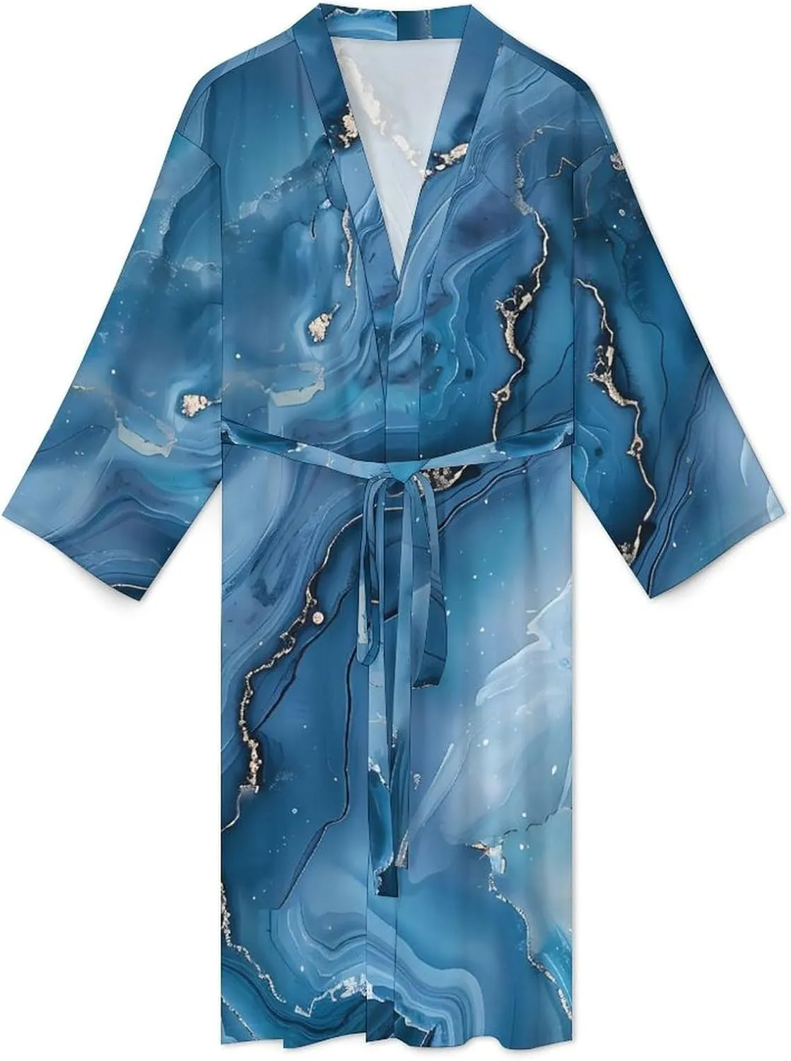 Marble Textured Design Blue Men's Bathrobes Long Sleeve Loungewear Soft Sleepwear V Neck Nightgown