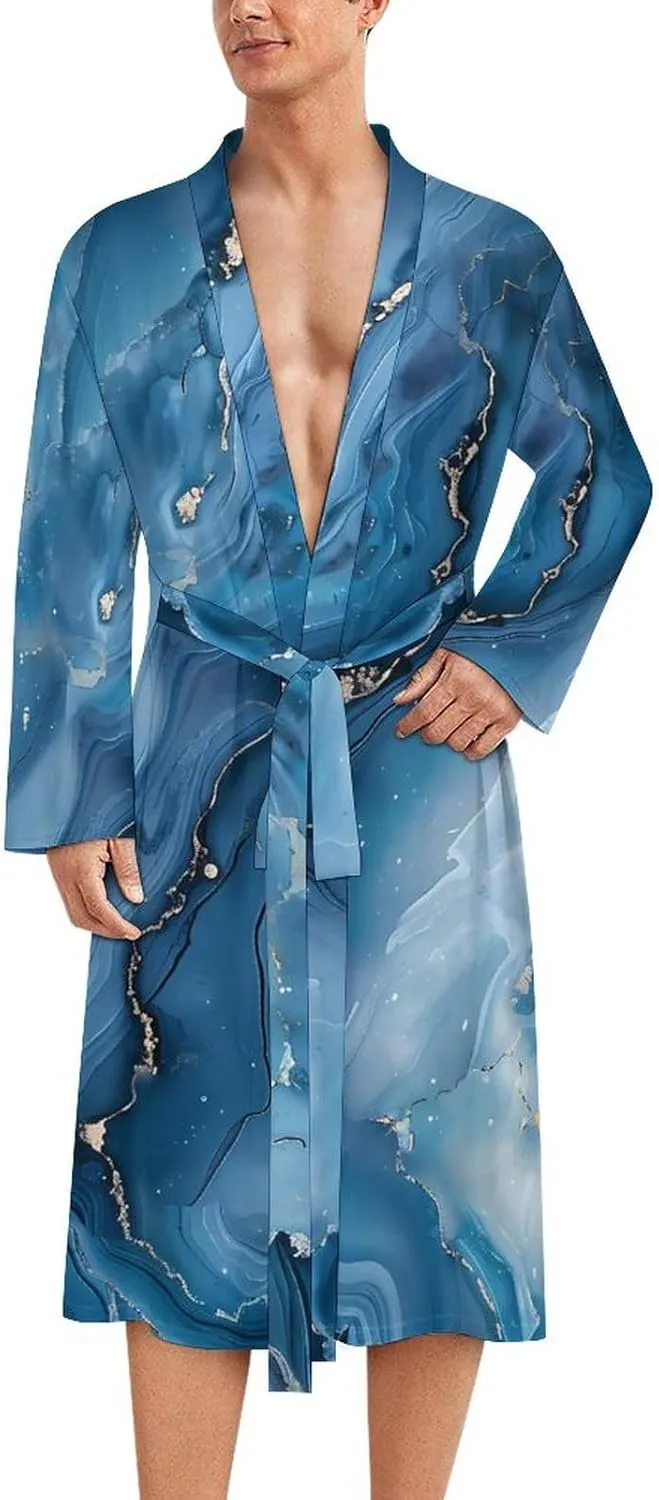 Marble Textured Design Blue Men's Bathrobes Long Sleeve Loungewear Soft Sleepwear V Neck Nightgown
