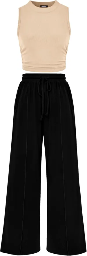 MASCOMODA Womens 2 Piece Outfits 2024 Summer Crewneck Sleeveless Cropped Tank Tops Wide Leg Long Pants Tracksuits Lounge Sets