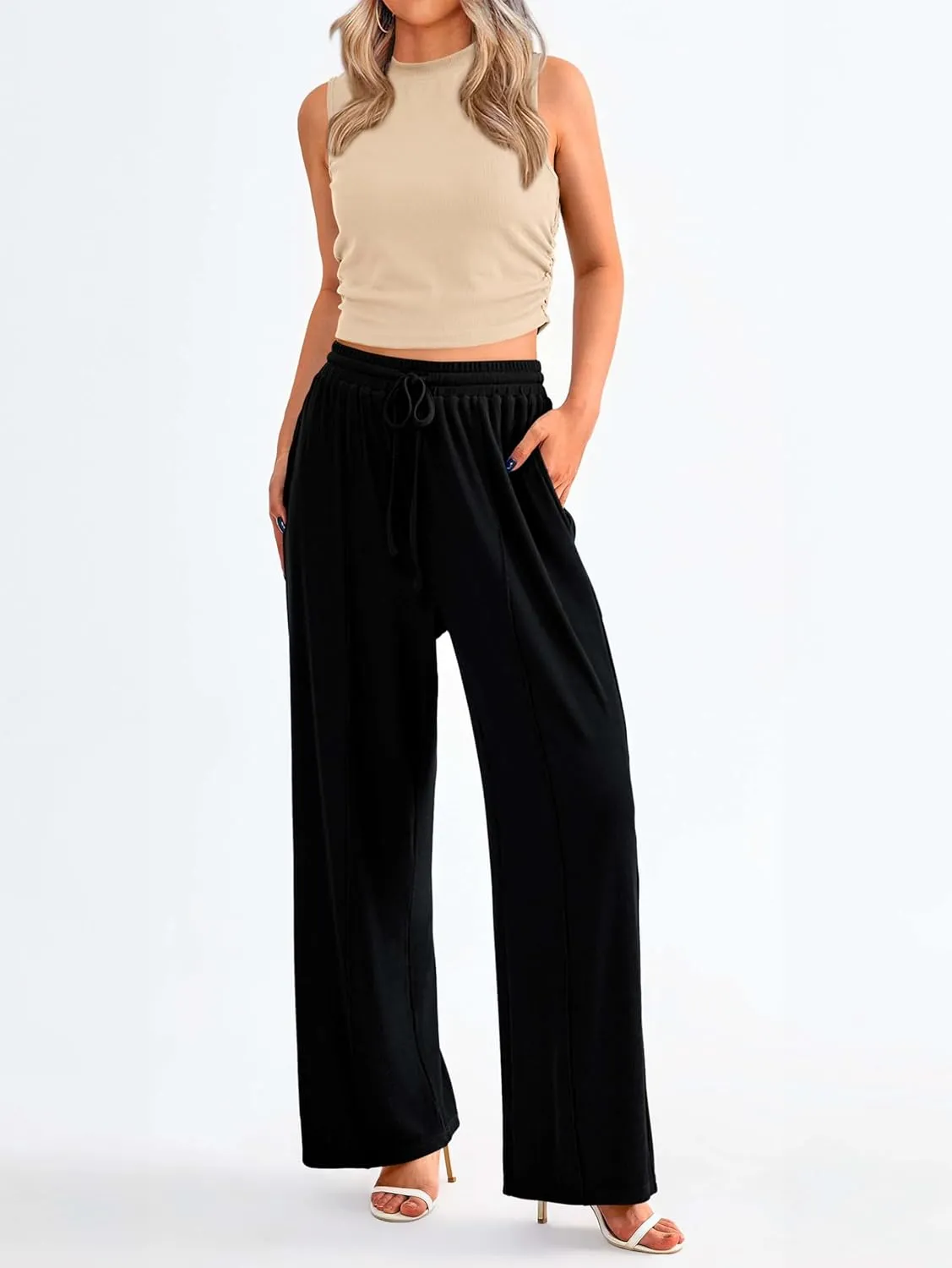 MASCOMODA Womens 2 Piece Outfits 2024 Summer Crewneck Sleeveless Cropped Tank Tops Wide Leg Long Pants Tracksuits Lounge Sets