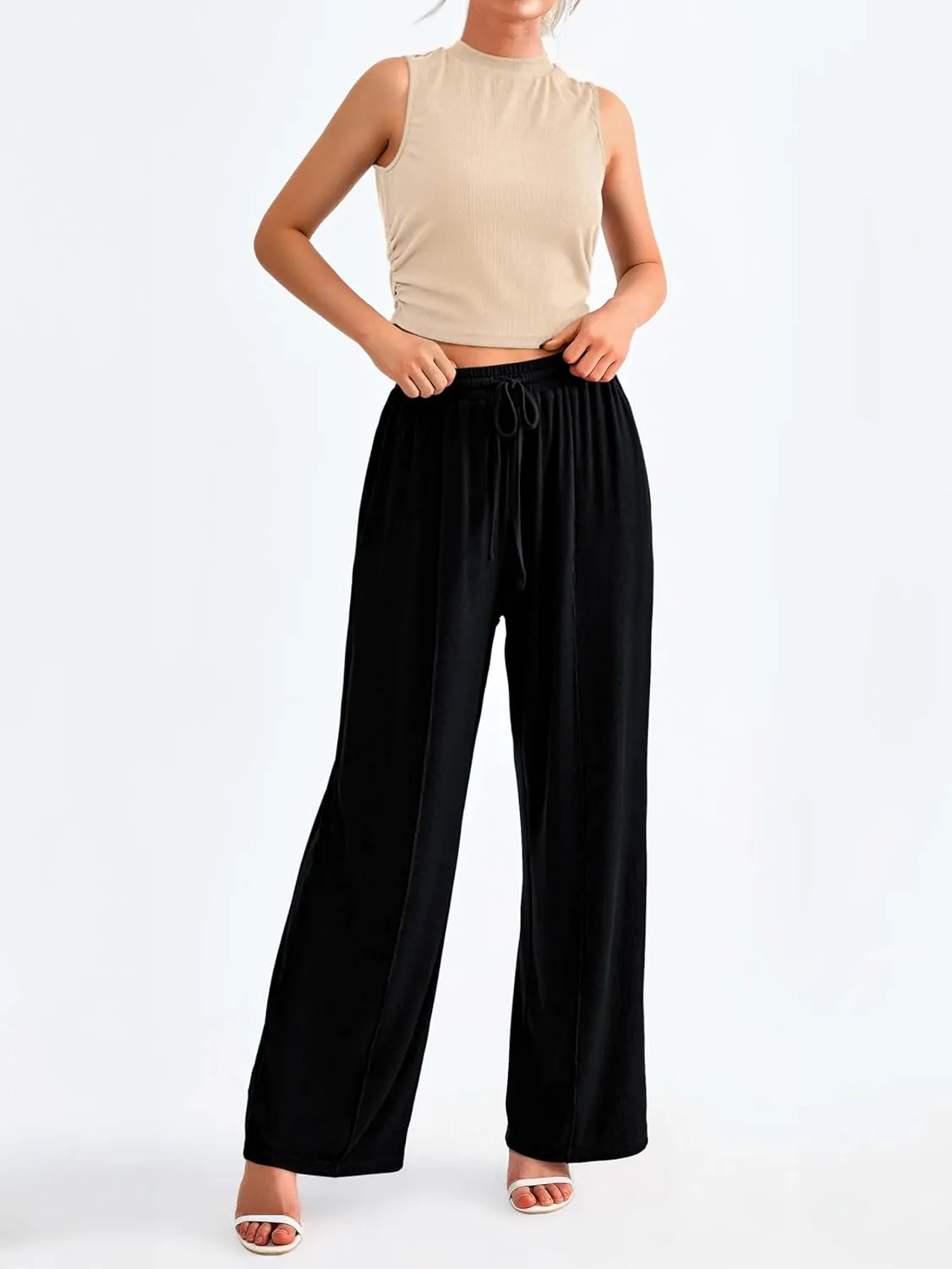 MASCOMODA Womens 2 Piece Outfits 2024 Summer Crewneck Sleeveless Cropped Tank Tops Wide Leg Long Pants Tracksuits Lounge Sets