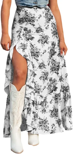 Melliflo Womens Summer Spring Floral Long Skirts Elastic Waist Ruffle Split Beach Maxi Skirt Flowy A Line Tummy Control Skirt