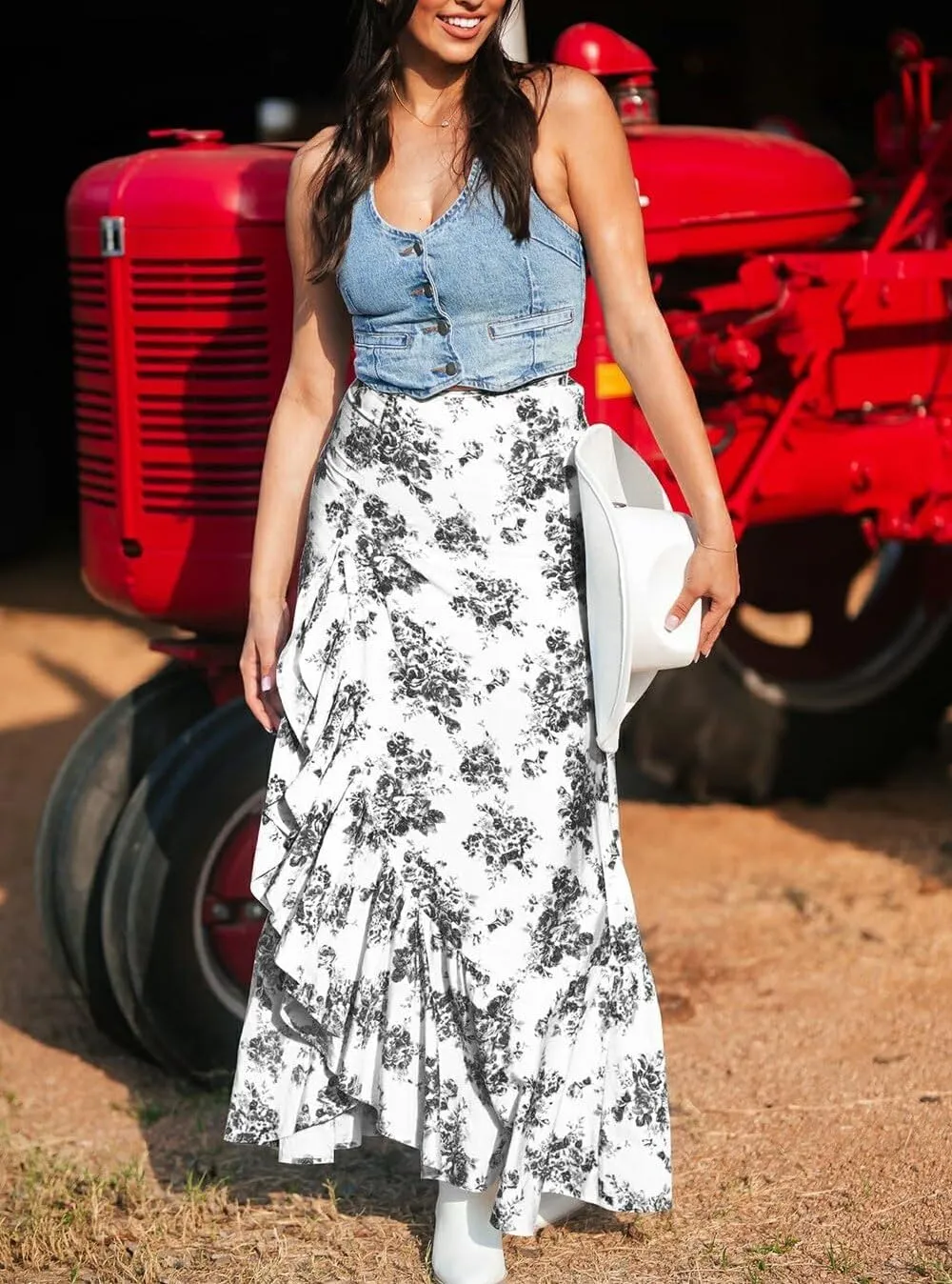 Melliflo Womens Summer Spring Floral Long Skirts Elastic Waist Ruffle Split Beach Maxi Skirt Flowy A Line Tummy Control Skirt