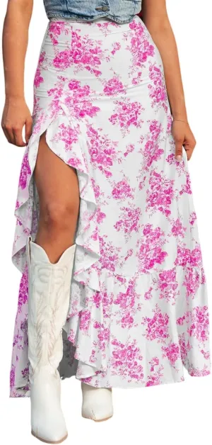 Melliflo Womens Summer Spring Floral Long Skirts Elastic Waist Ruffle Split Beach Maxi Skirt Flowy A Line Tummy Control Skirt