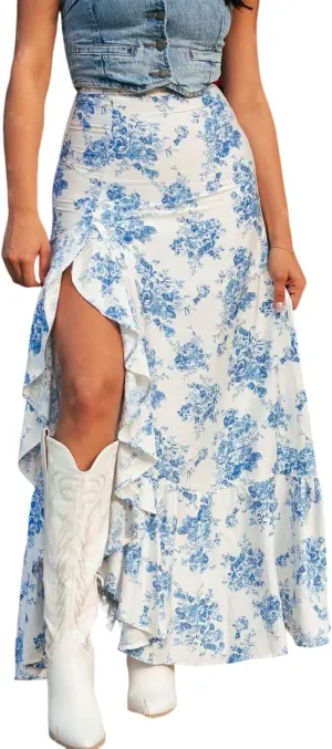Melliflo Womens Summer Spring Floral Long Skirts Elastic Waist Ruffle Split Beach Maxi Skirt Flowy A Line Tummy Control Skirt