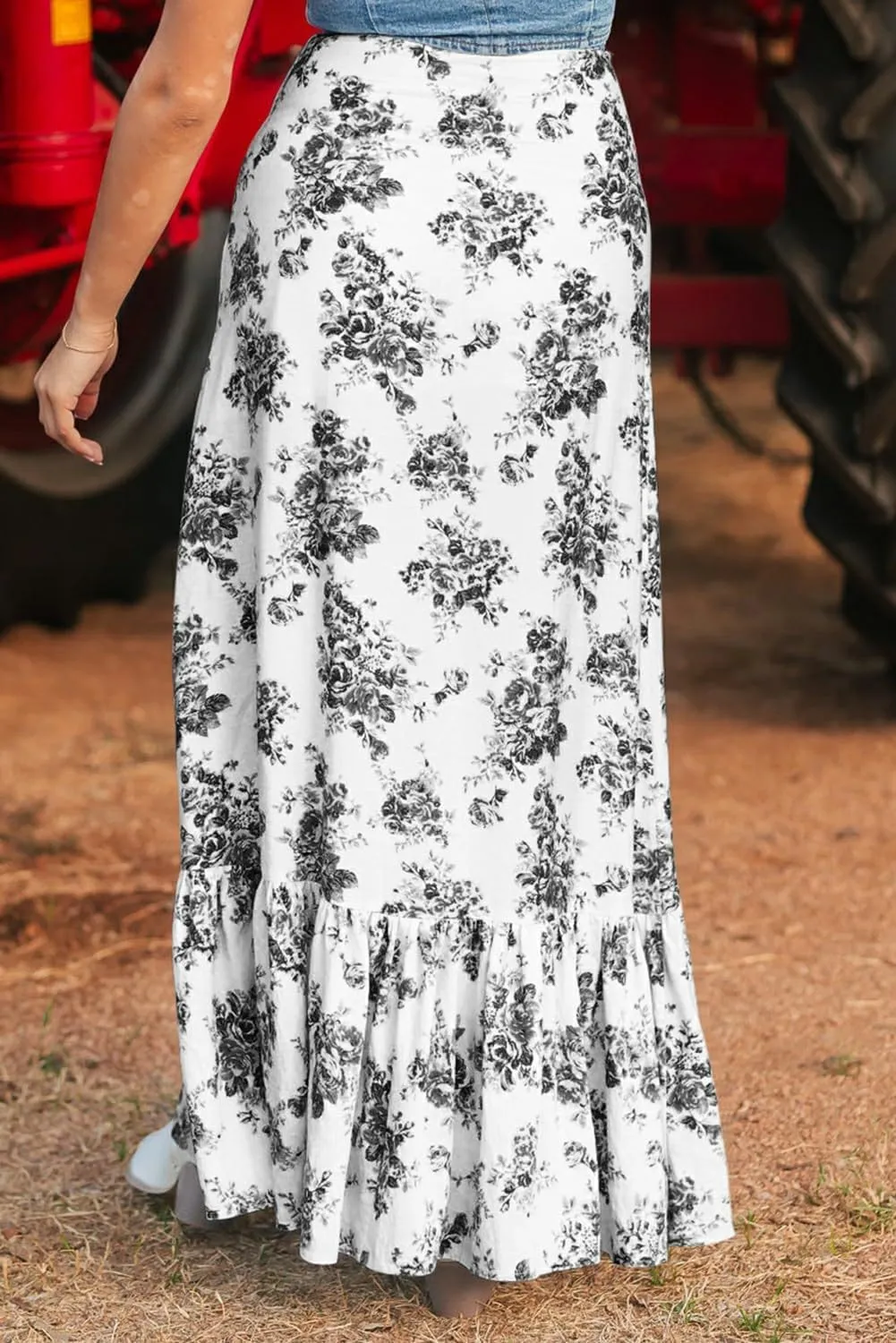 Melliflo Womens Summer Spring Floral Long Skirts Elastic Waist Ruffle Split Beach Maxi Skirt Flowy A Line Tummy Control Skirt