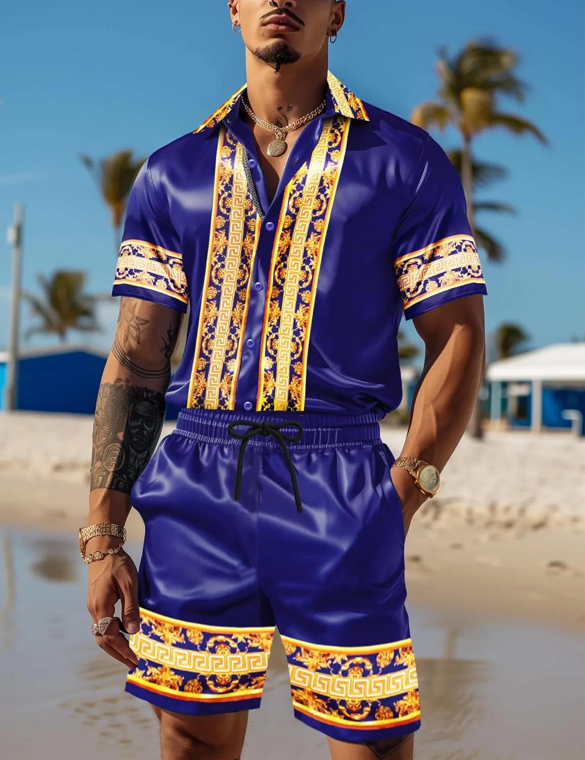 Men Hawaiian Shirt Sets Satin Silk Casual Button Down Shirts 2 Piece Luxury Summer Beach Outfits