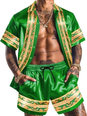 Men Hawaiian Shirt Sets Satin Silk Casual Button Down Shirts 2 Piece Luxury Summer Beach Outfits