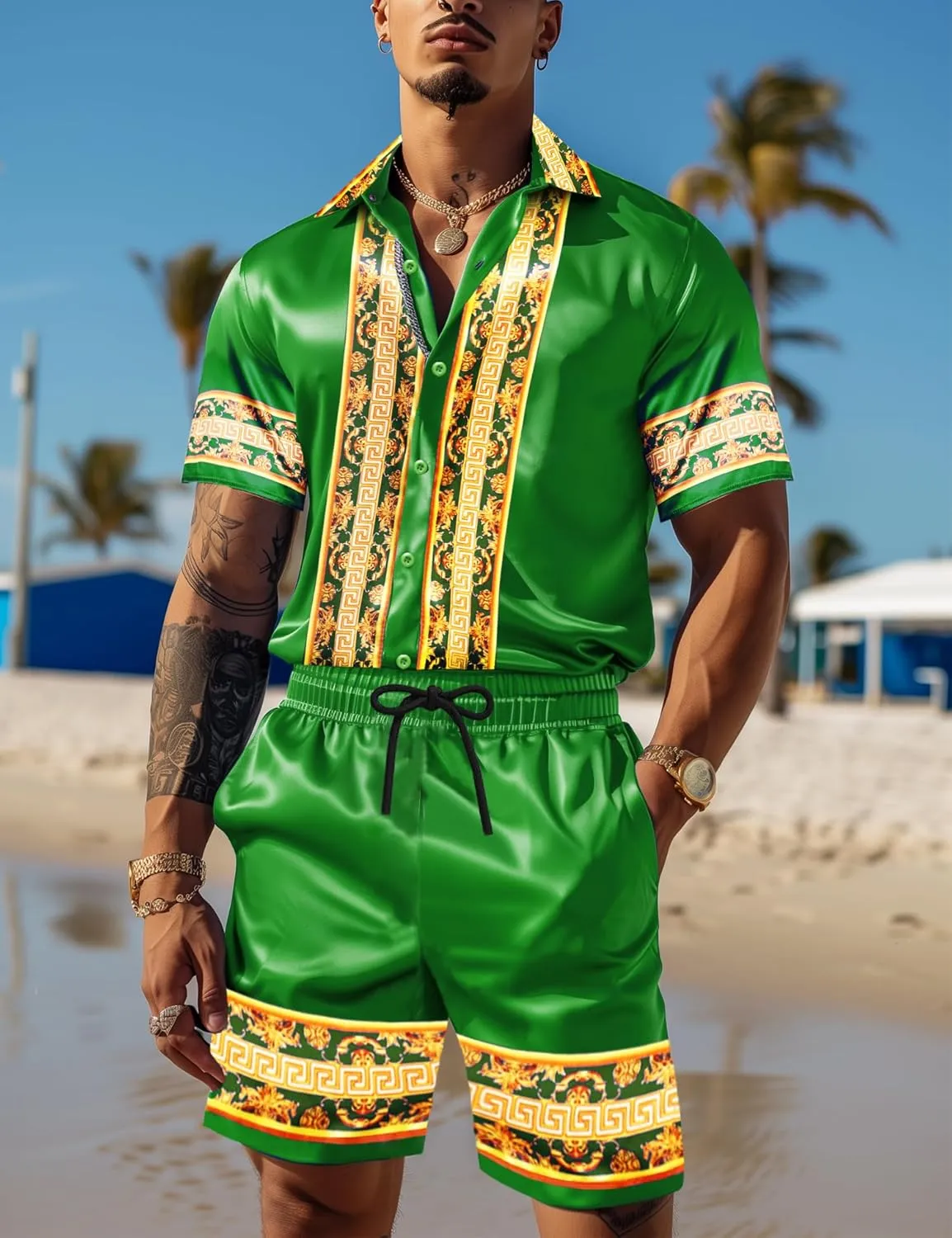 Men Hawaiian Shirt Sets Satin Silk Casual Button Down Shirts 2 Piece Luxury Summer Beach Outfits