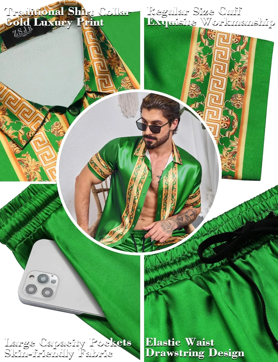 Men Hawaiian Shirt Sets Satin Silk Casual Button Down Shirts 2 Piece Luxury Summer Beach Outfits