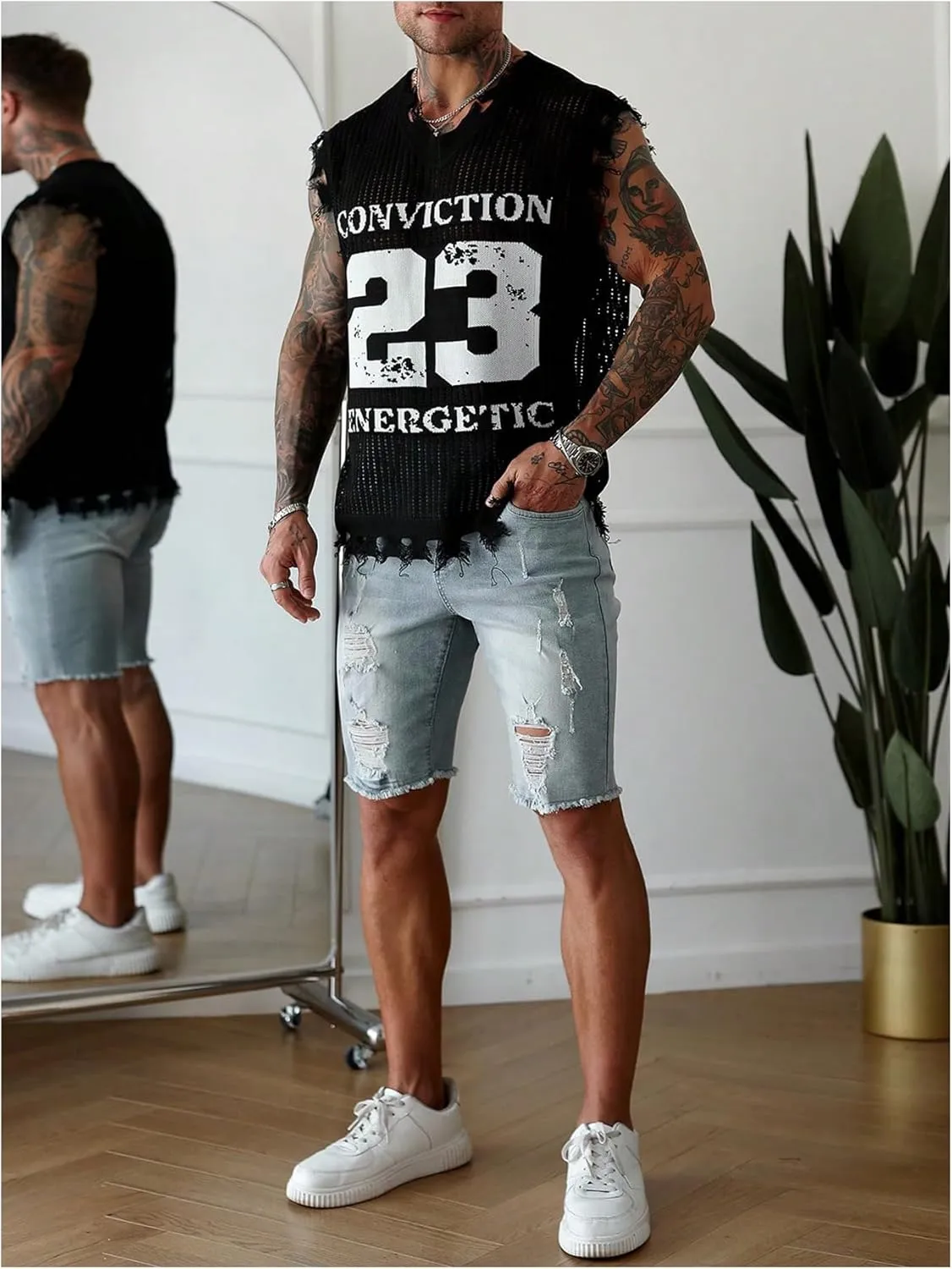 Men's Letter Graphic Sweater Vest Y2k Ripped V Neck Sleeveless Knit Tops