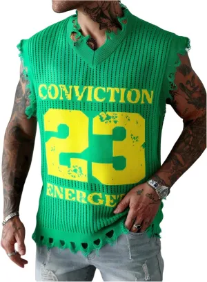 Men's Letter Graphic Sweater Vest Y2k Ripped V Neck Sleeveless Knit Tops