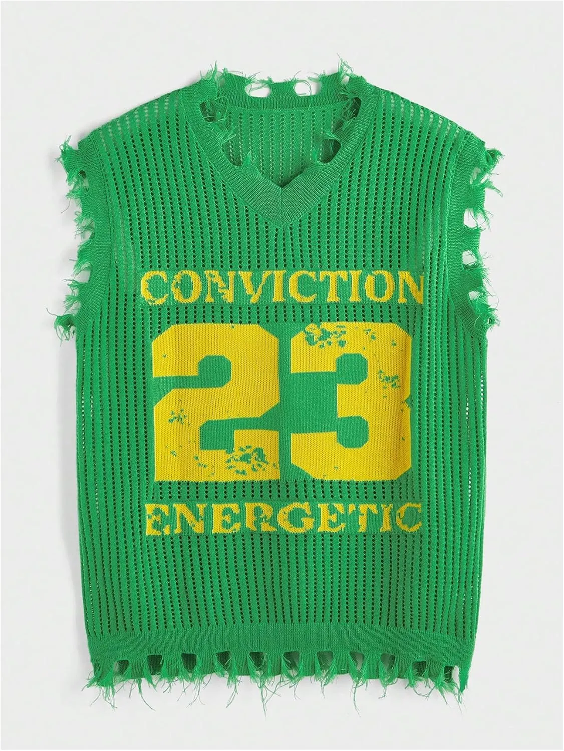 Men's Letter Graphic Sweater Vest Y2k Ripped V Neck Sleeveless Knit Tops