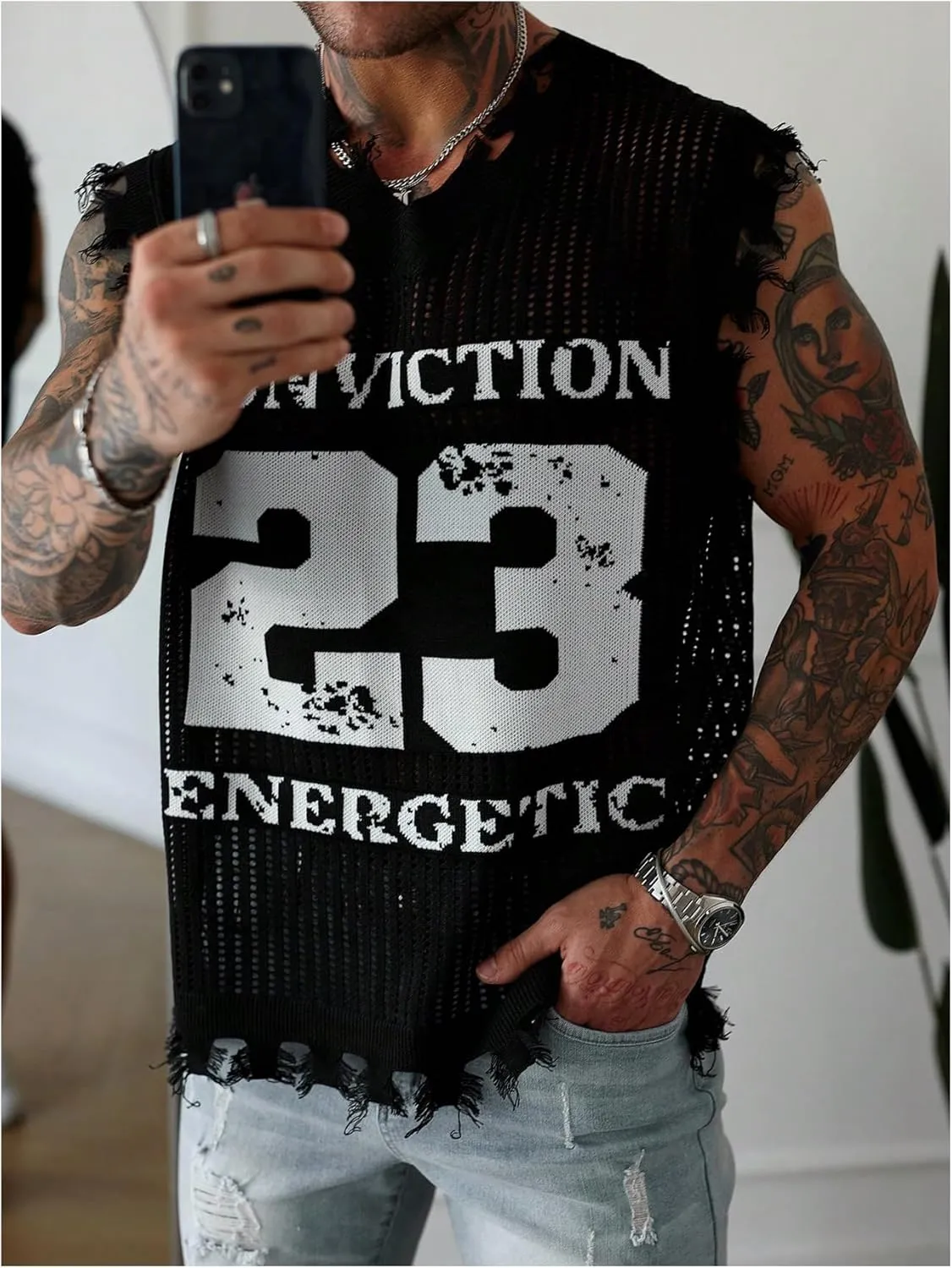 Men's Letter Graphic Sweater Vest Y2k Ripped V Neck Sleeveless Knit Tops