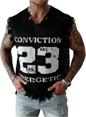 Men's Letter Graphic Sweater Vest Y2k Ripped V Neck Sleeveless Knit Tops