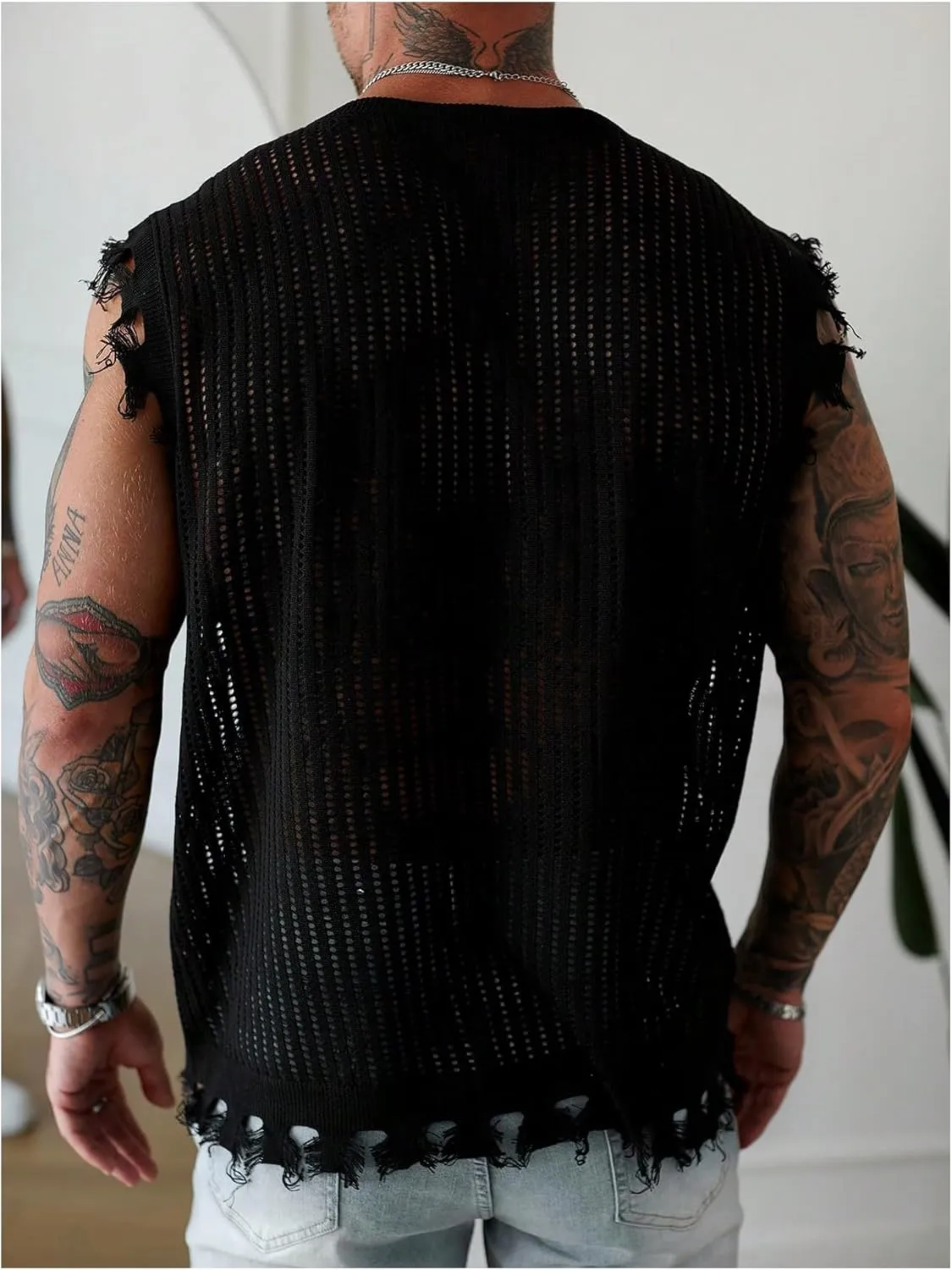 Men's Letter Graphic Sweater Vest Y2k Ripped V Neck Sleeveless Knit Tops