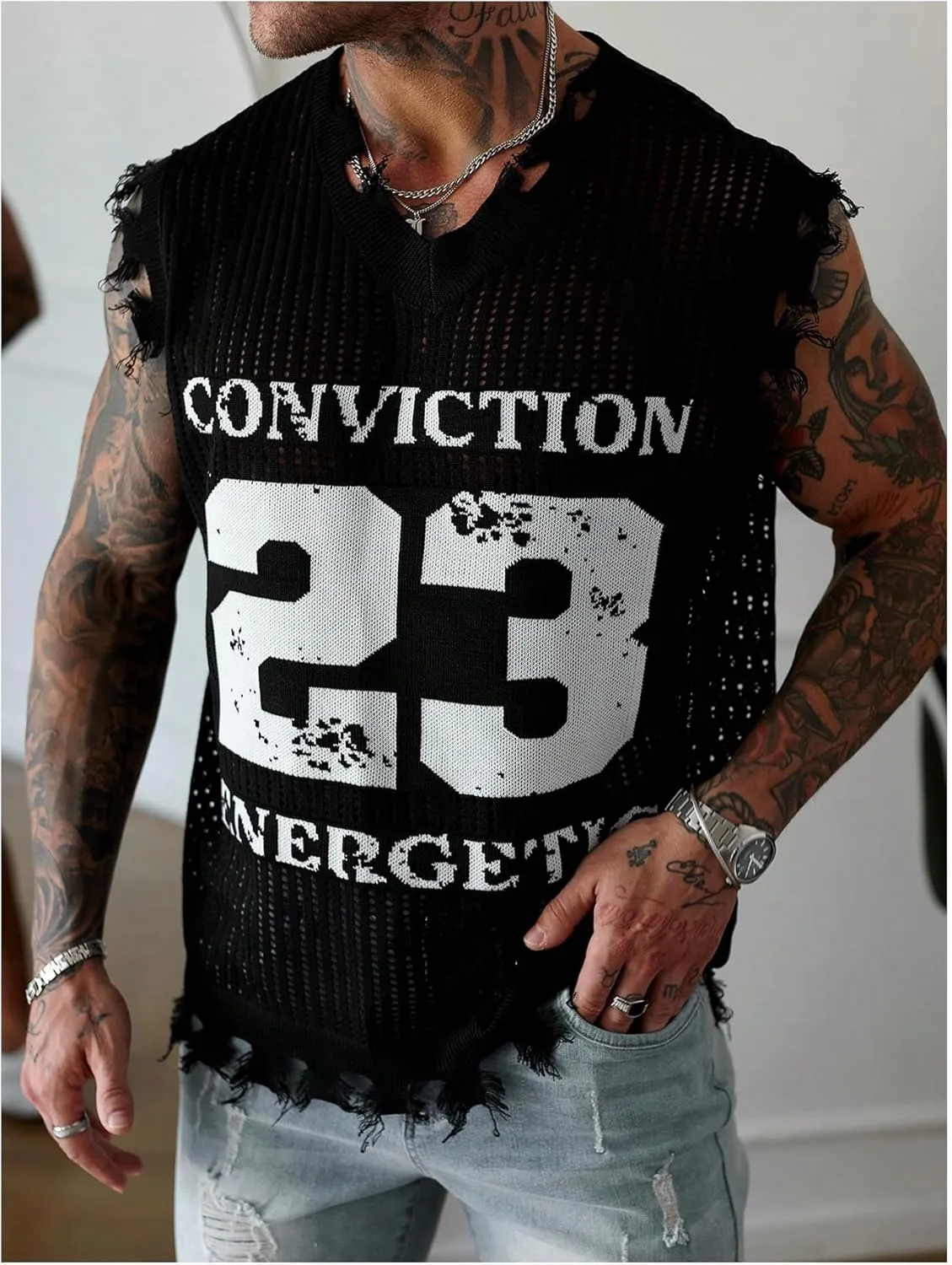 Men's Letter Graphic Sweater Vest Y2k Ripped V Neck Sleeveless Knit Tops