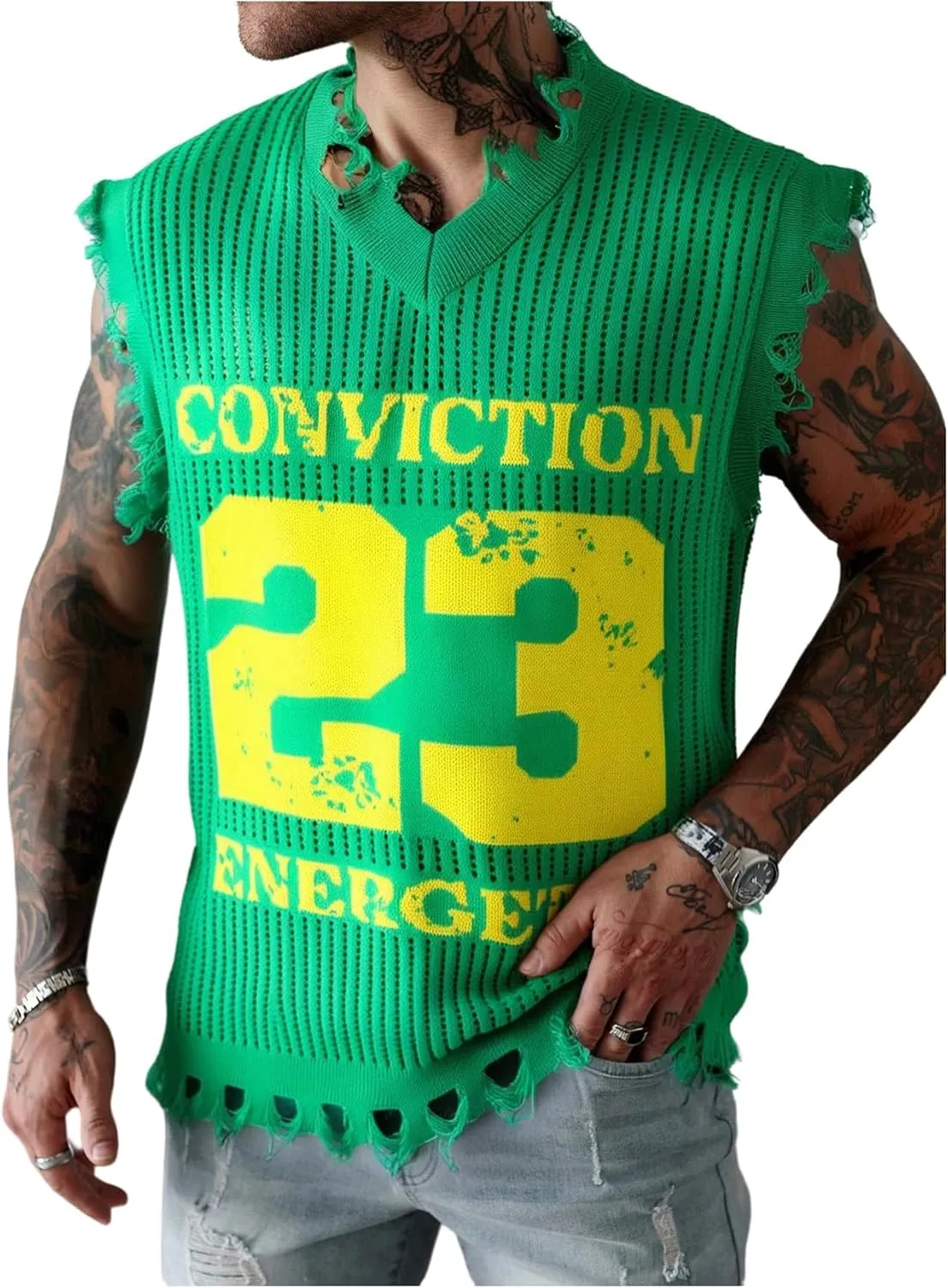 Men's Letter Graphic Sweater Vest Y2k Ripped V Neck Sleeveless Knit Tops
