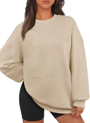 MEROKEETY Oversized Sweatshirt for Women 2024 Fall Long Sleeve Crew Neck Textured Pullover Tops with Pocket