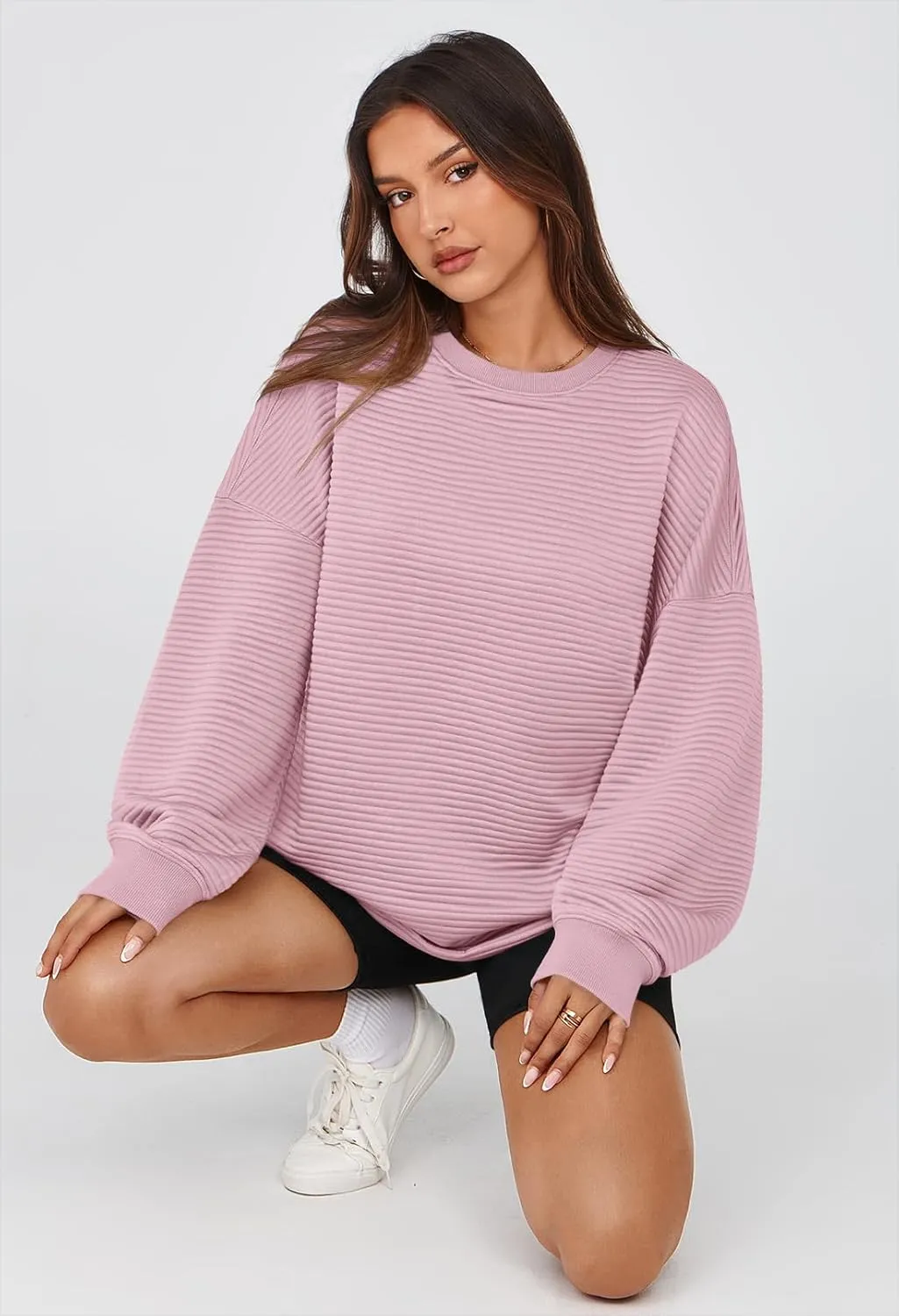 MEROKEETY Oversized Sweatshirt for Women 2024 Fall Long Sleeve Crew Neck Textured Pullover Tops with Pocket