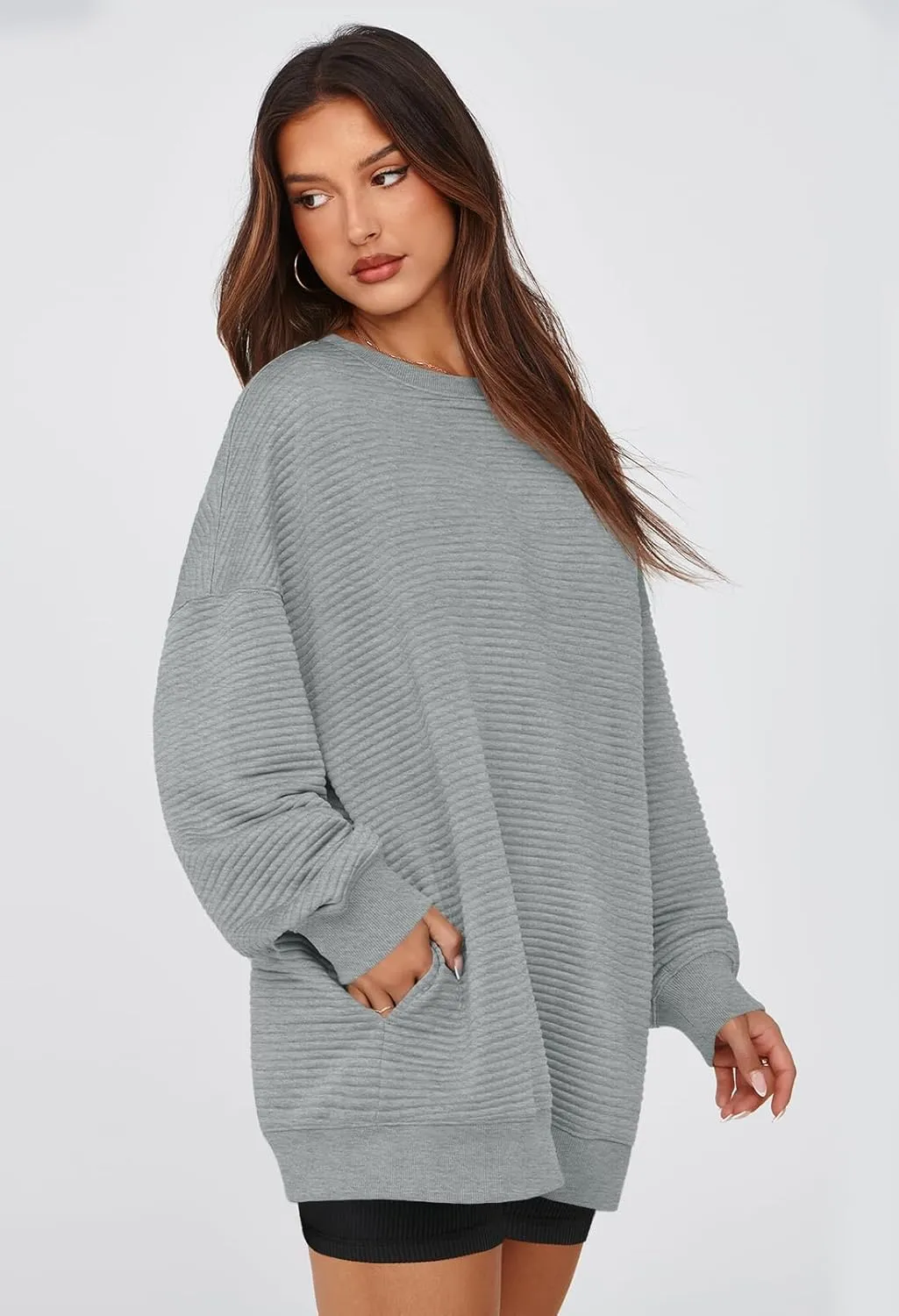 MEROKEETY Oversized Sweatshirt for Women 2024 Fall Long Sleeve Crew Neck Textured Pullover Tops with Pocket
