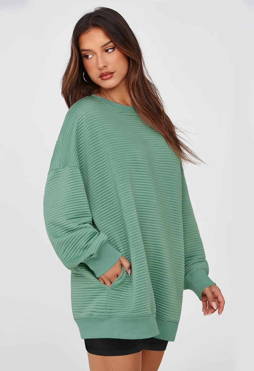 MEROKEETY Oversized Sweatshirt for Women 2024 Fall Long Sleeve Crew Neck Textured Pullover Tops with Pocket