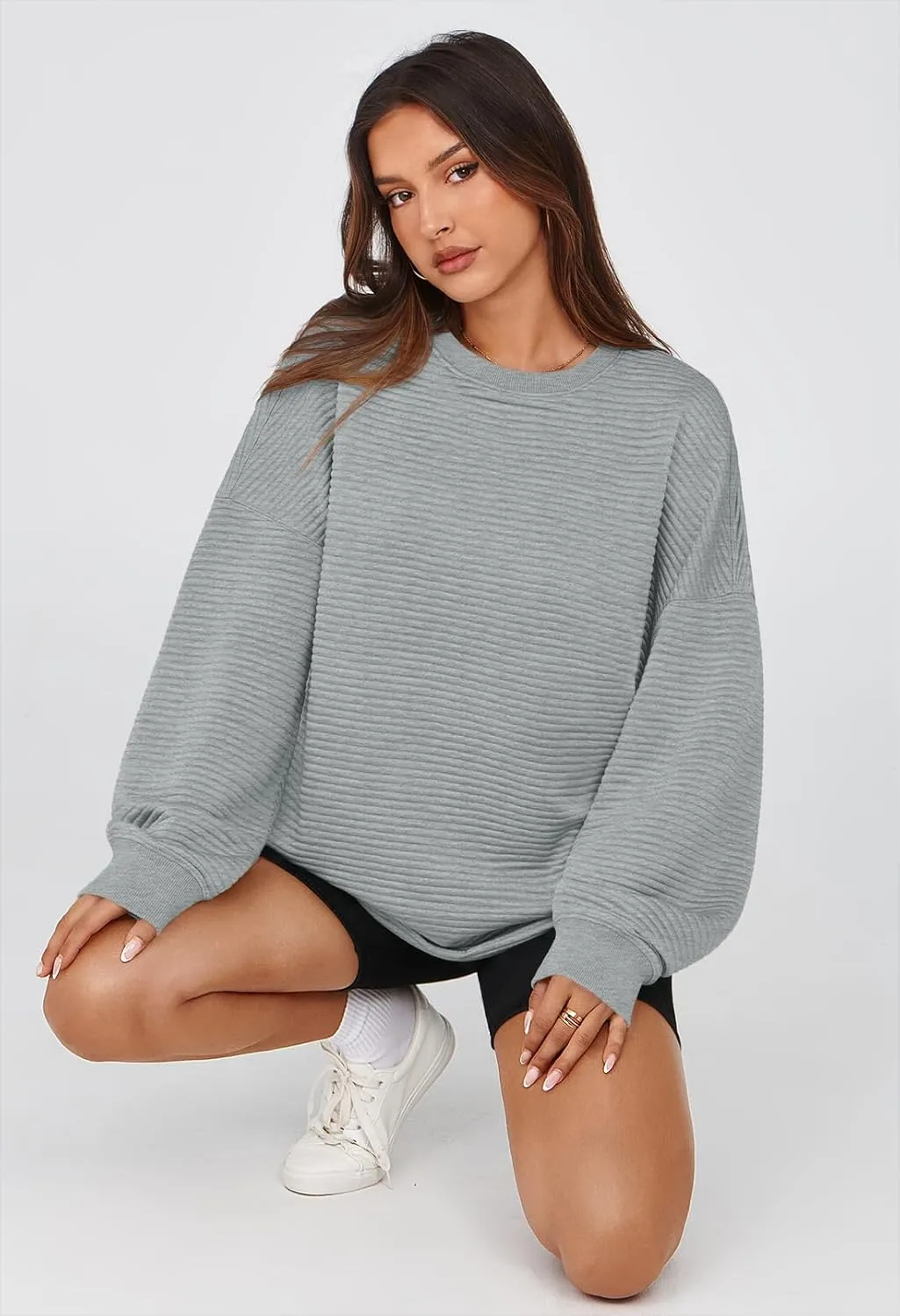 MEROKEETY Oversized Sweatshirt for Women 2024 Fall Long Sleeve Crew Neck Textured Pullover Tops with Pocket