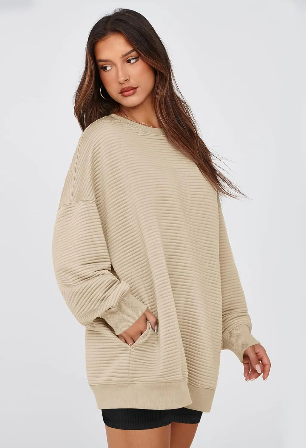MEROKEETY Oversized Sweatshirt for Women 2024 Fall Long Sleeve Crew Neck Textured Pullover Tops with Pocket
