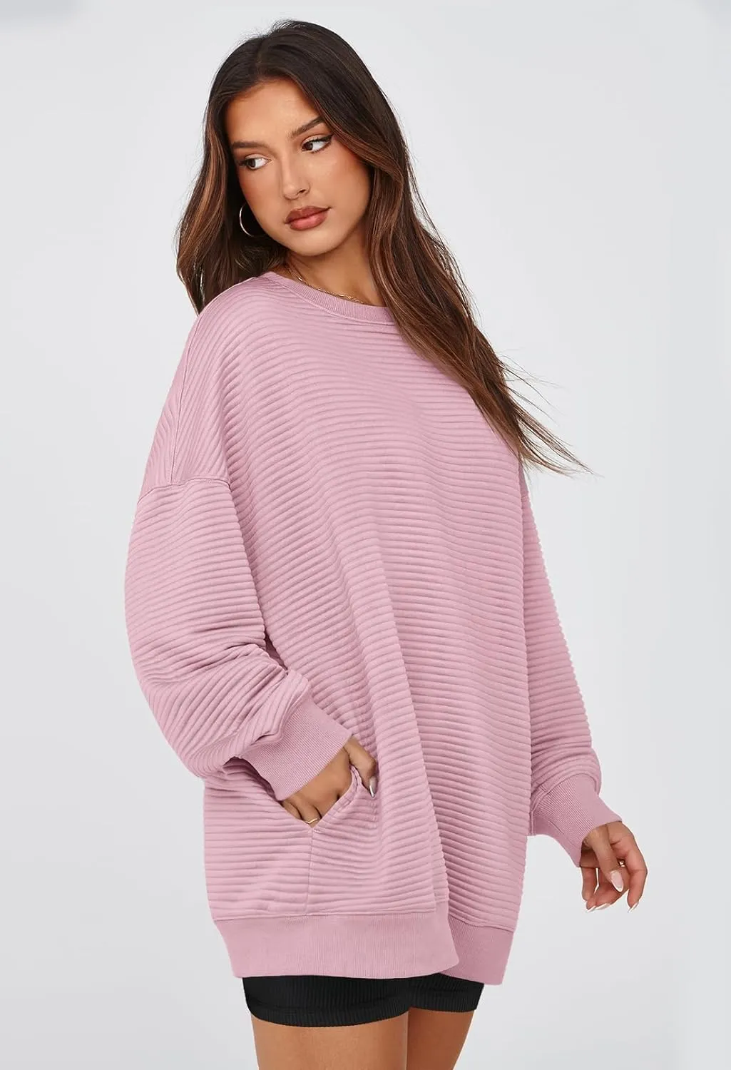 MEROKEETY Oversized Sweatshirt for Women 2024 Fall Long Sleeve Crew Neck Textured Pullover Tops with Pocket