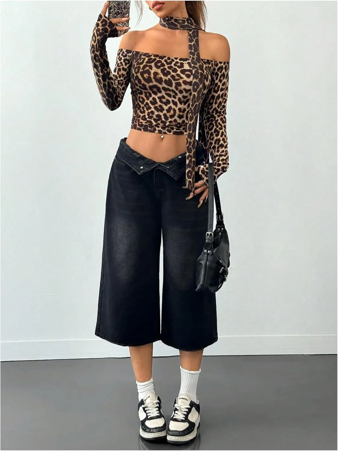 Milumia Women Leopard Print Off Shoulder Long Sleeve Crop Tops with Scarf
