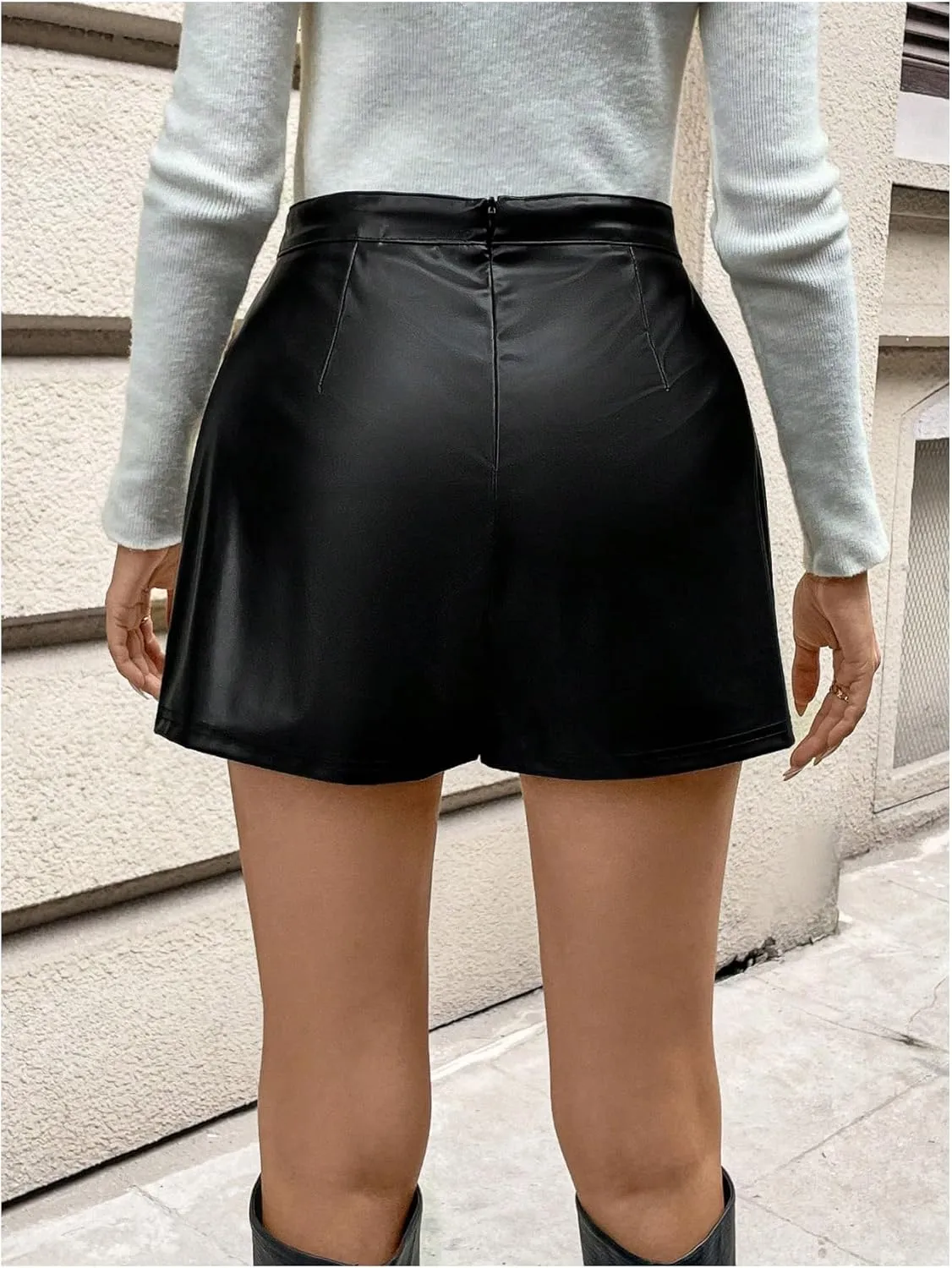 Milumia Women's Faux Leather High Waisted Skorts Wrapped Pu Leather Shorts