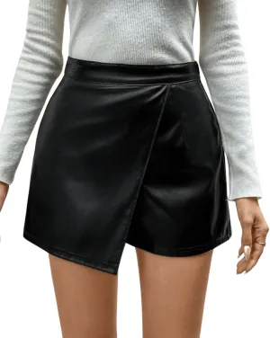 Milumia Women's Faux Leather High Waisted Skorts Wrapped Pu Leather Shorts