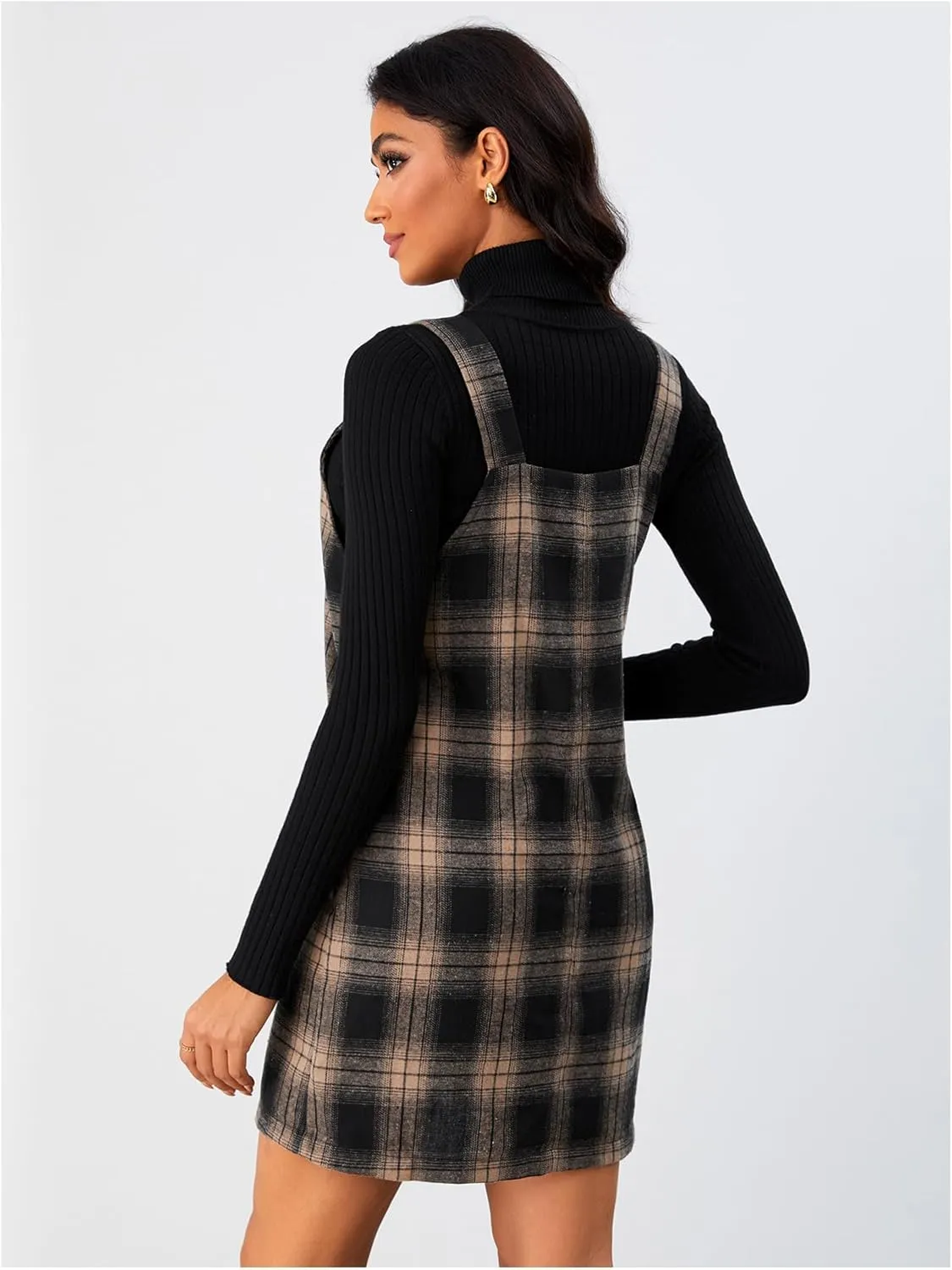 Milumia Women's Plaid V Neck Pinafore Overall Short Dress Losse Mini Jumper Dress with Pockets
