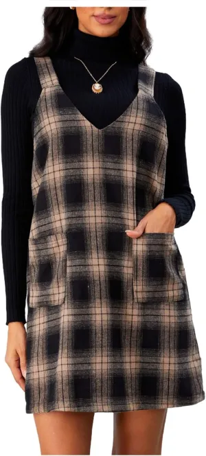 Milumia Women's Plaid V Neck Pinafore Overall Short Dress Losse Mini Jumper Dress with Pockets