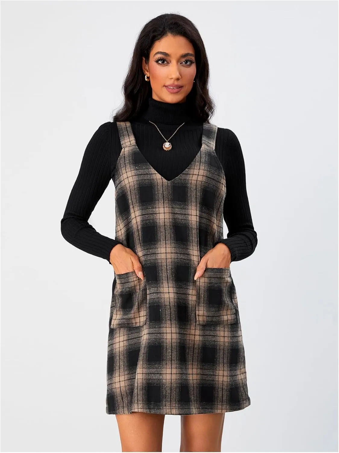 Milumia Women's Plaid V Neck Pinafore Overall Short Dress Losse Mini Jumper Dress with Pockets