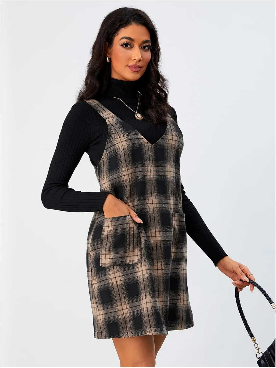 Milumia Women's Plaid V Neck Pinafore Overall Short Dress Losse Mini Jumper Dress with Pockets