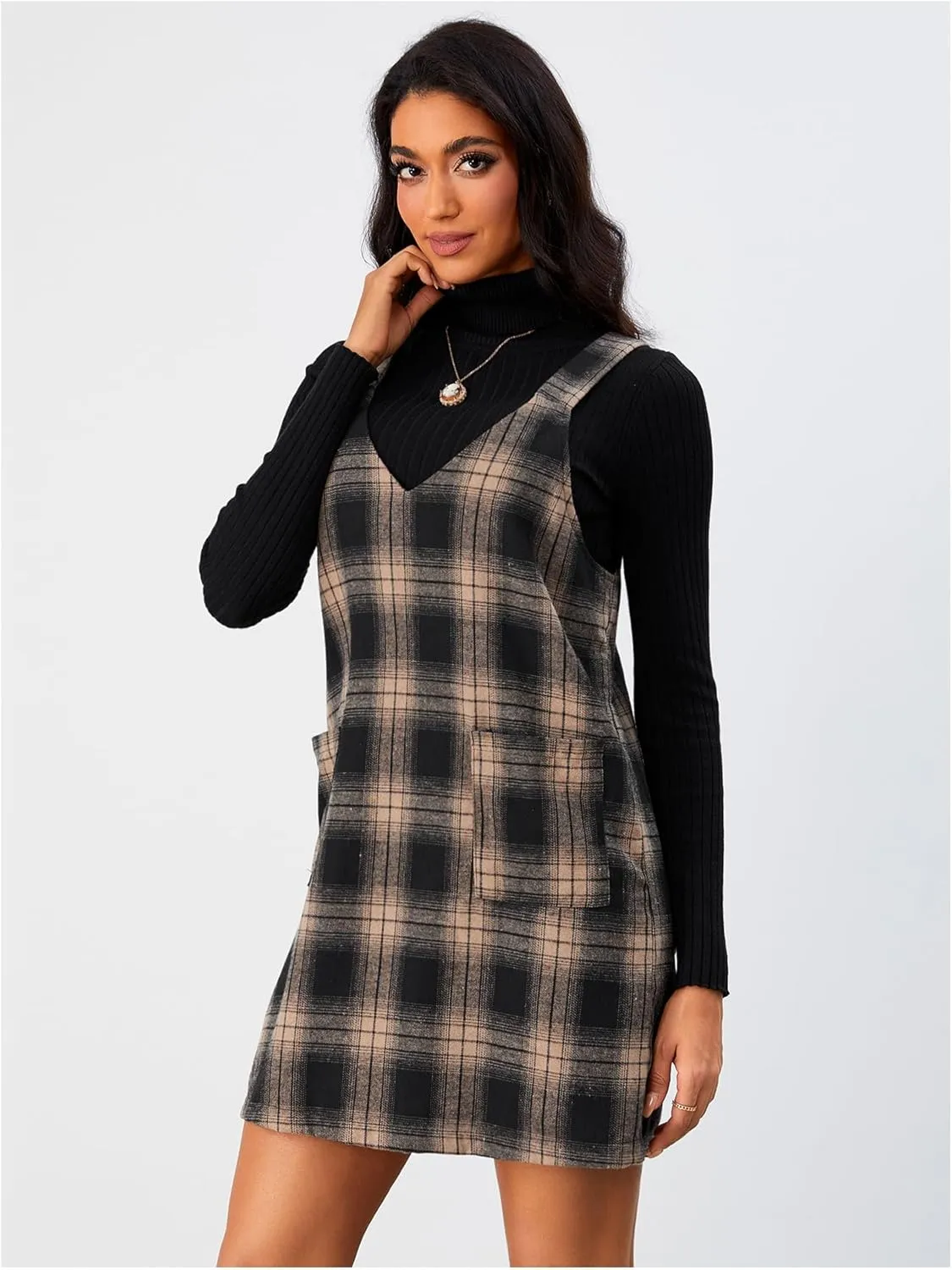 Milumia Women's Plaid V Neck Pinafore Overall Short Dress Losse Mini Jumper Dress with Pockets