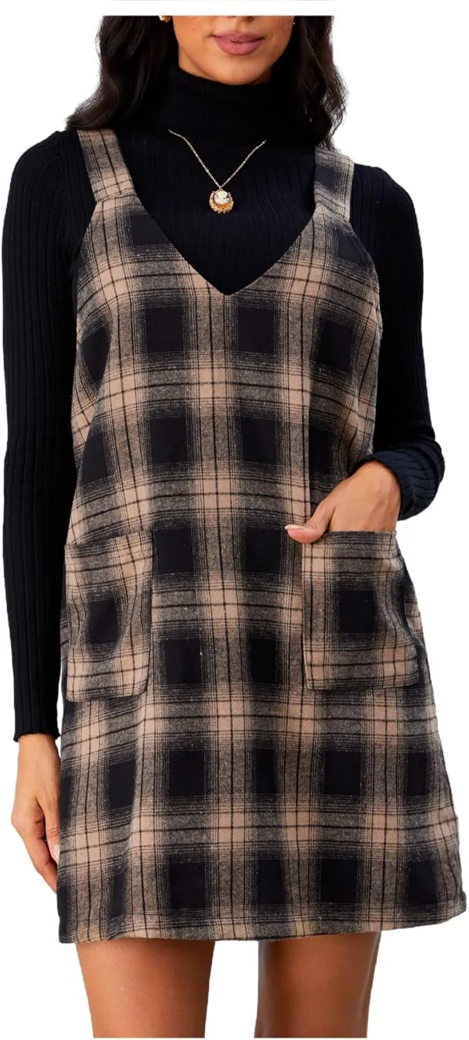 Milumia Women's Plaid V Neck Pinafore Overall Short Dress Losse Mini Jumper Dress with Pockets