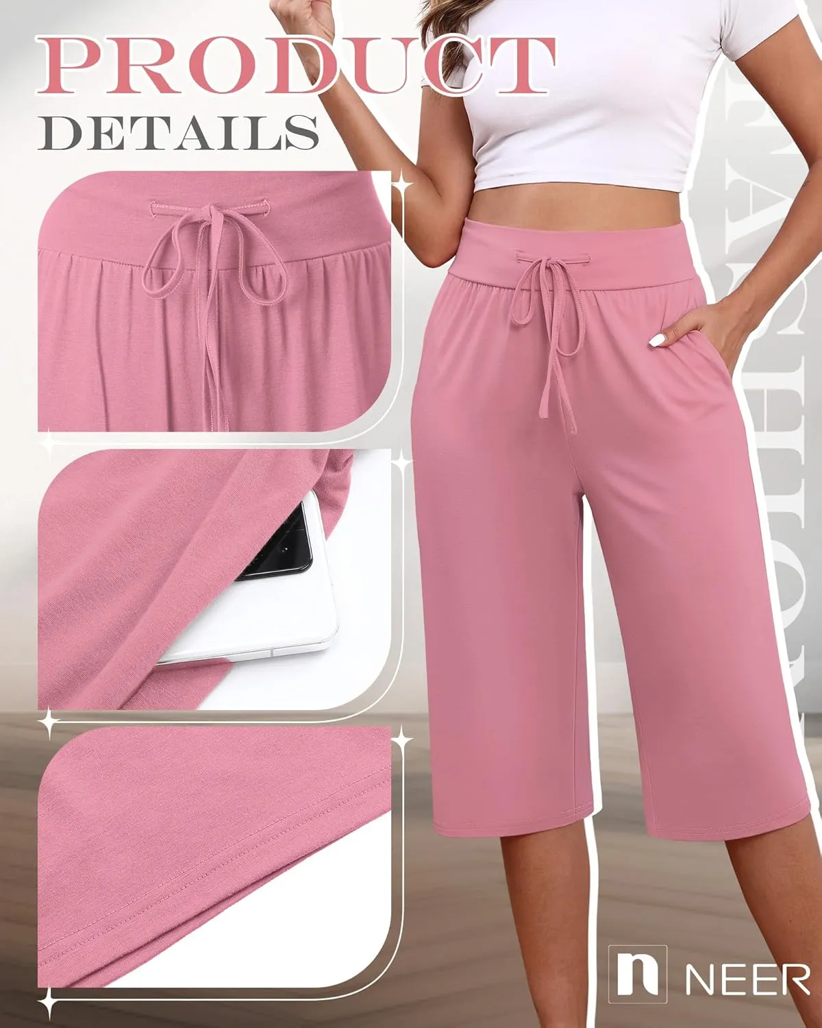 Neer 3 Pack Women's Capri Yoga Pants Cotton Wide Leg Drawstring Loose Sweatpants Comfy Lounge Cropped Pants with Pockets