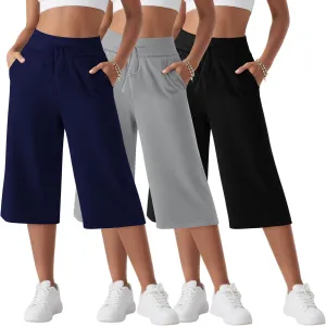 Neer 3 Pack Women's Capri Yoga Pants Cotton Wide Leg Drawstring Loose Sweatpants Comfy Lounge Cropped Pants with Pockets