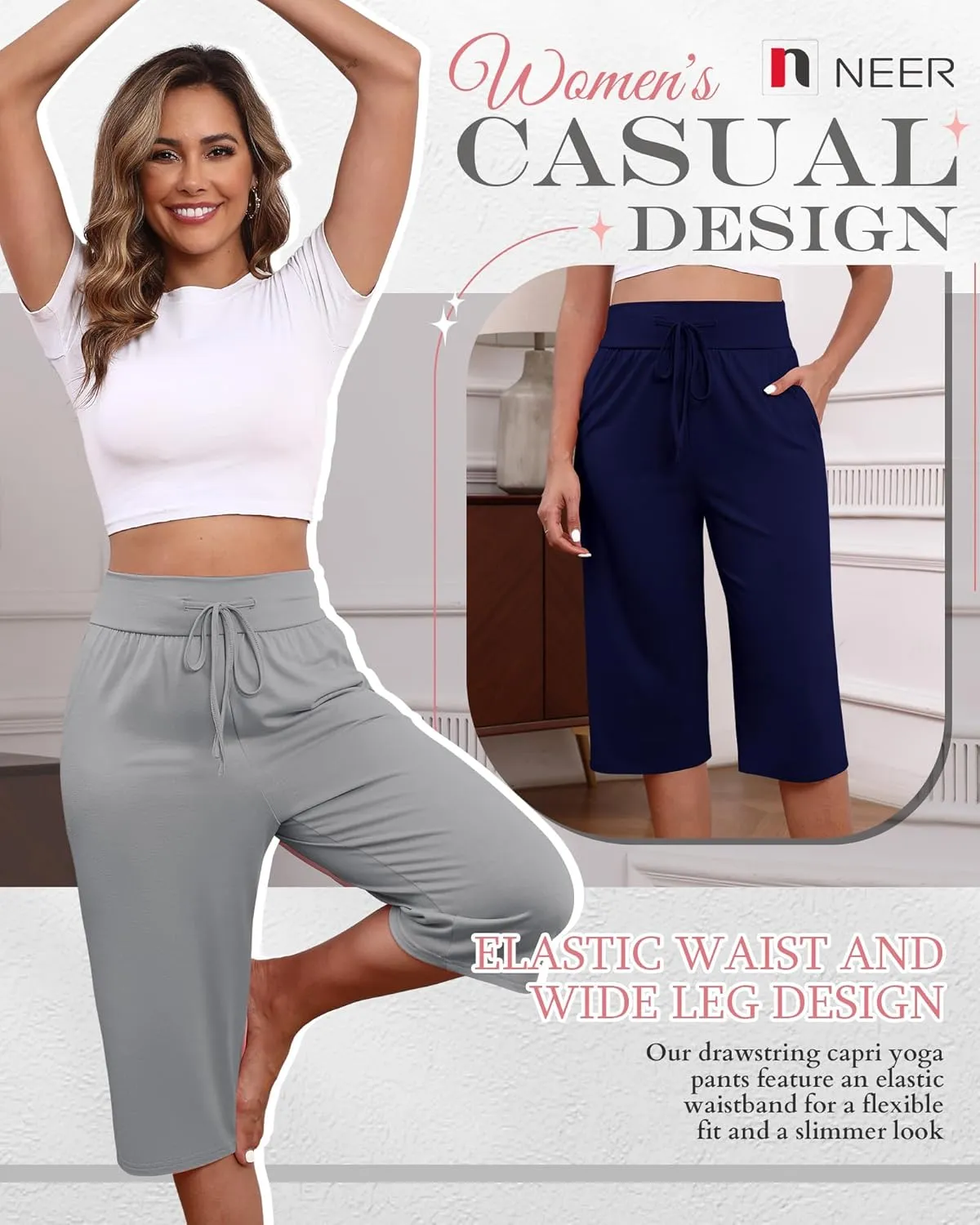 Neer 3 Pack Women's Capri Yoga Pants Cotton Wide Leg Drawstring Loose Sweatpants Comfy Lounge Cropped Pants with Pockets